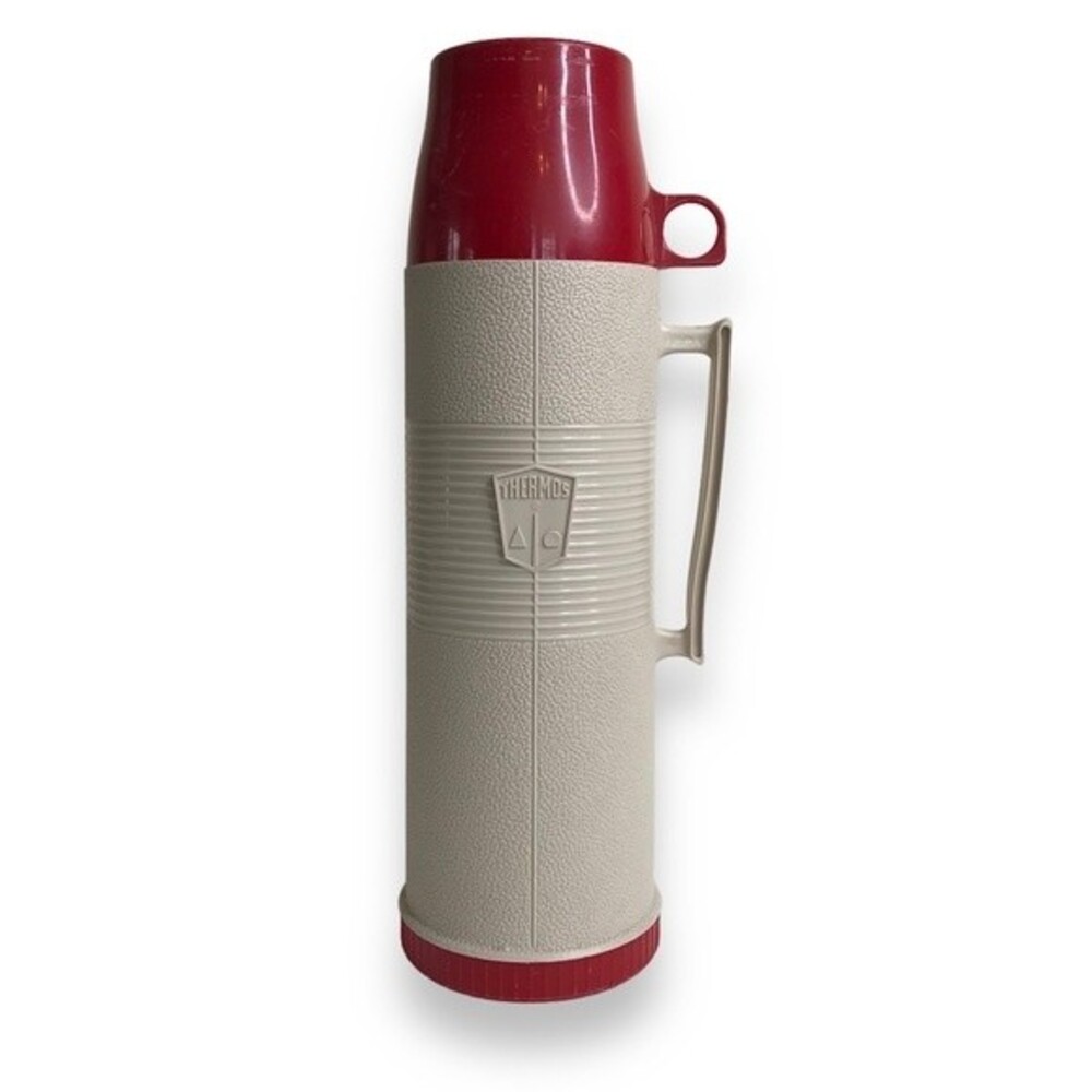Vintage 1970s Thermos Vacuum Bottle Model 2402 Quart Size Red Tan Extra Cup